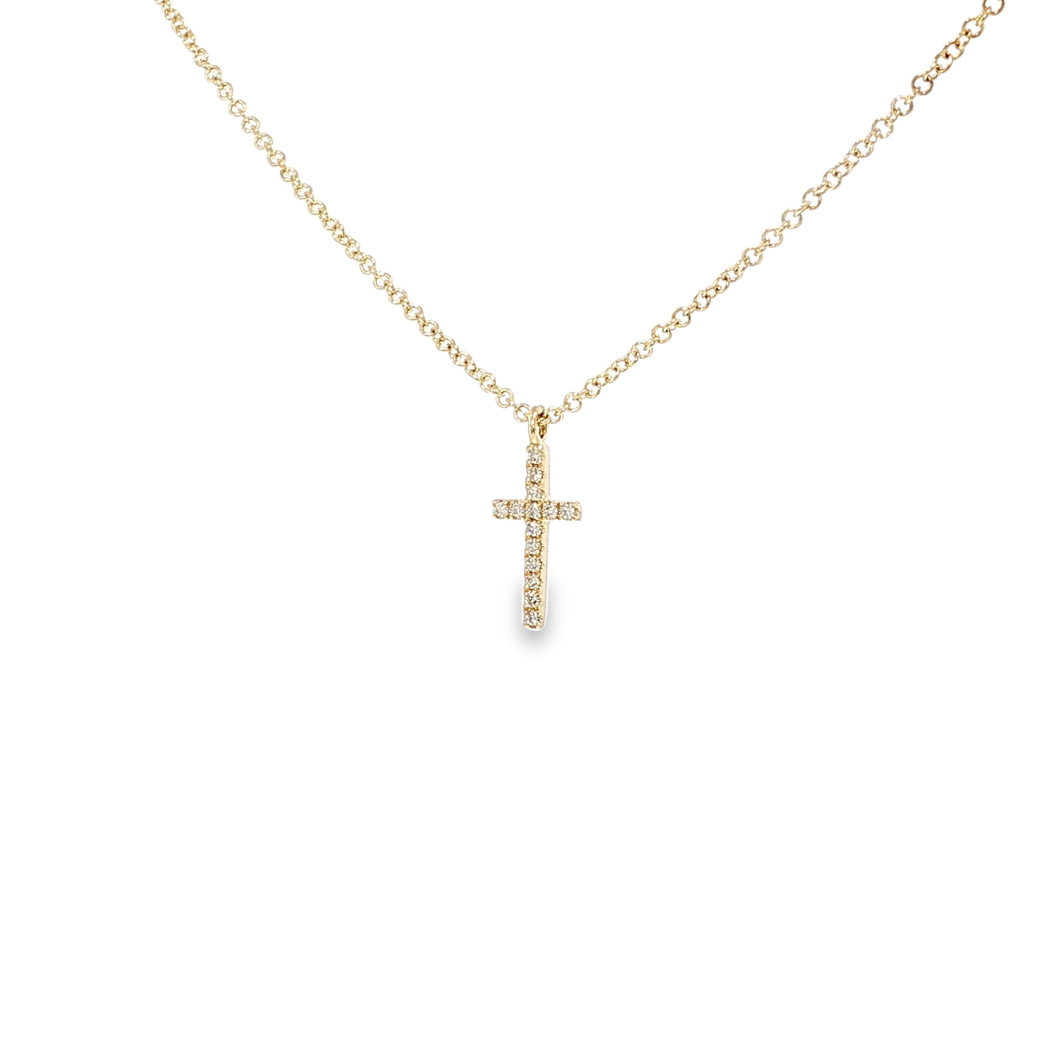 14K yellow gold slim cross necklace set with a row of diamonds.