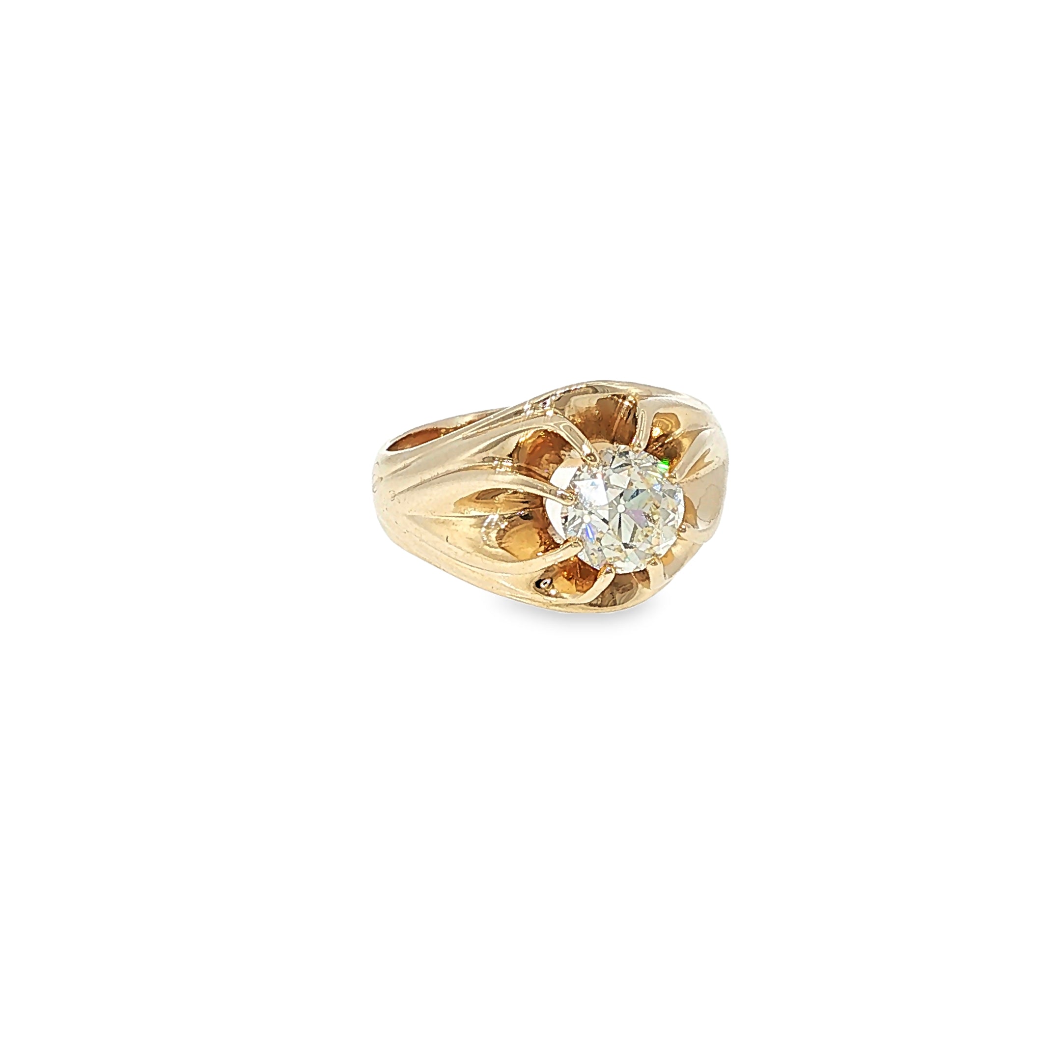 14K yellow gold men's ring with an old mine-cut diamond center and sculpted openwork detailing.