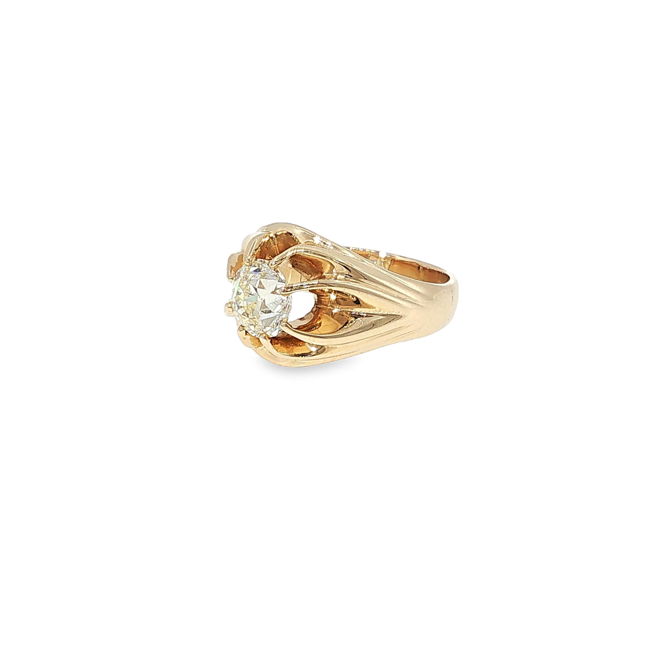 14K yellow gold men's ring with an old mine-cut diamond center and sculpted openwork detailing.