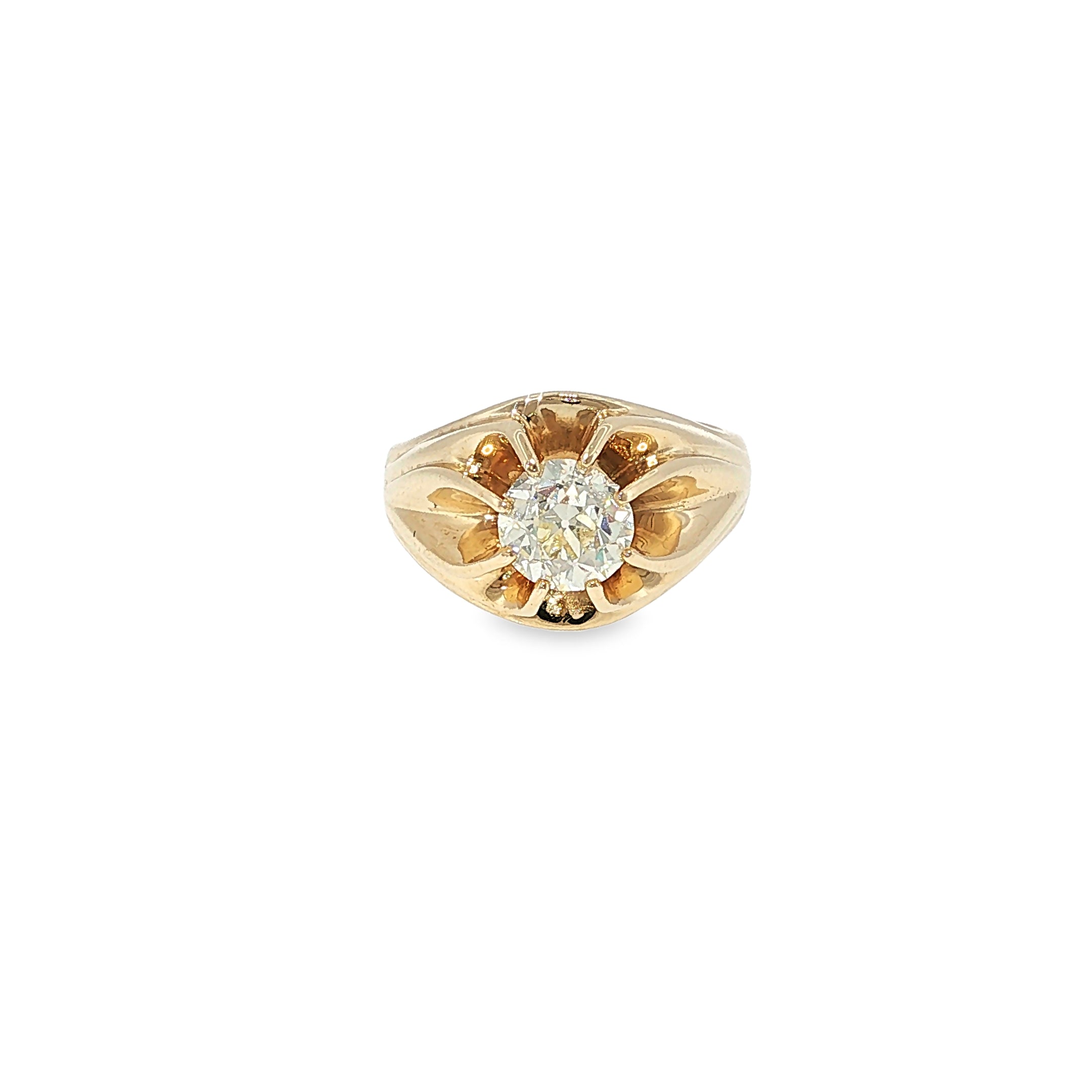 14K yellow gold men's ring with an old mine-cut diamond center and sculpted openwork detailing.