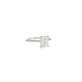 14K white gold engagement ring with a radiant-cut diamond center and round diamond accents along the band.