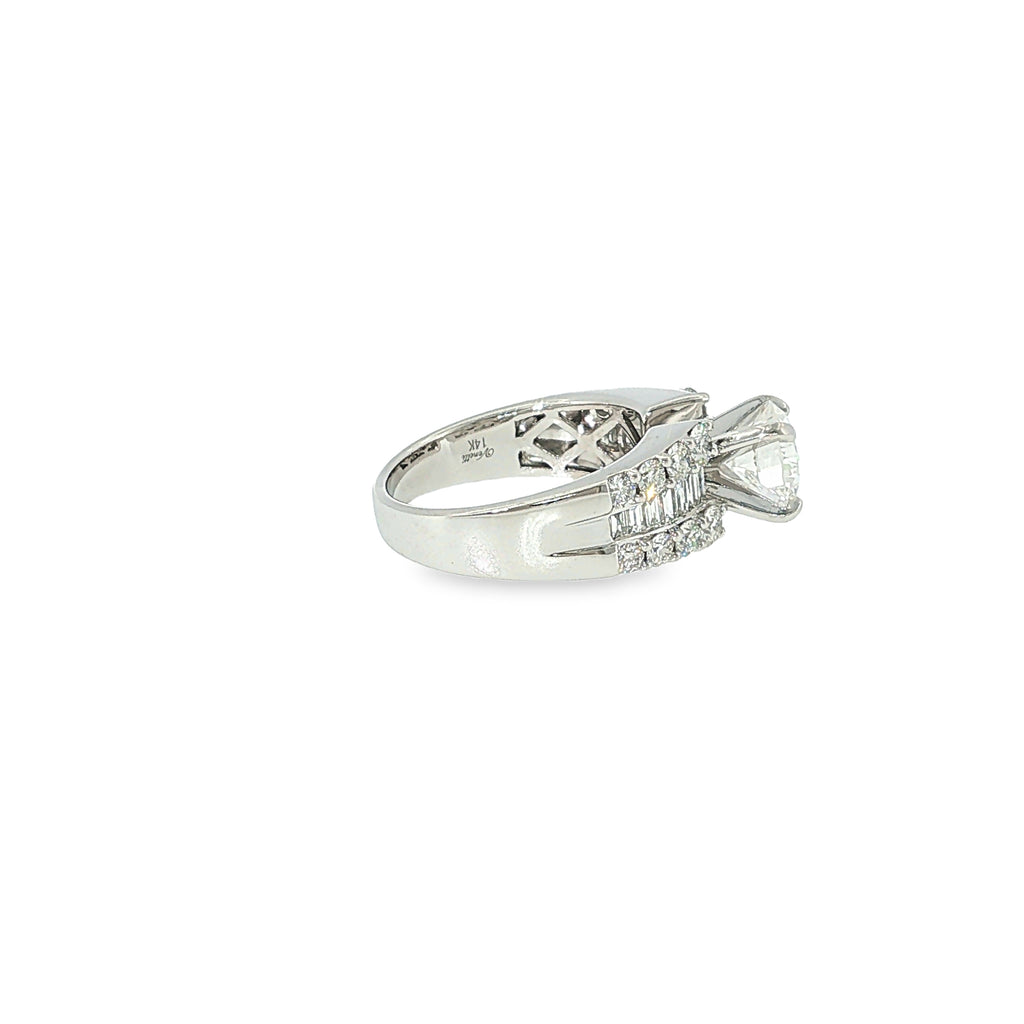 14K white gold engagement ring with a round brilliant diamond center and multiple rows of baguette and round diamonds.