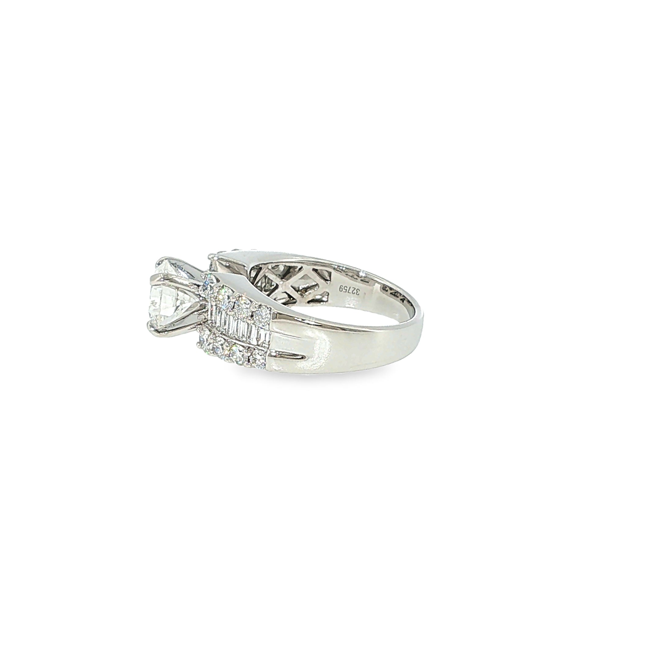 14K white gold engagement ring with a round brilliant diamond center and multiple rows of baguette and round diamonds.