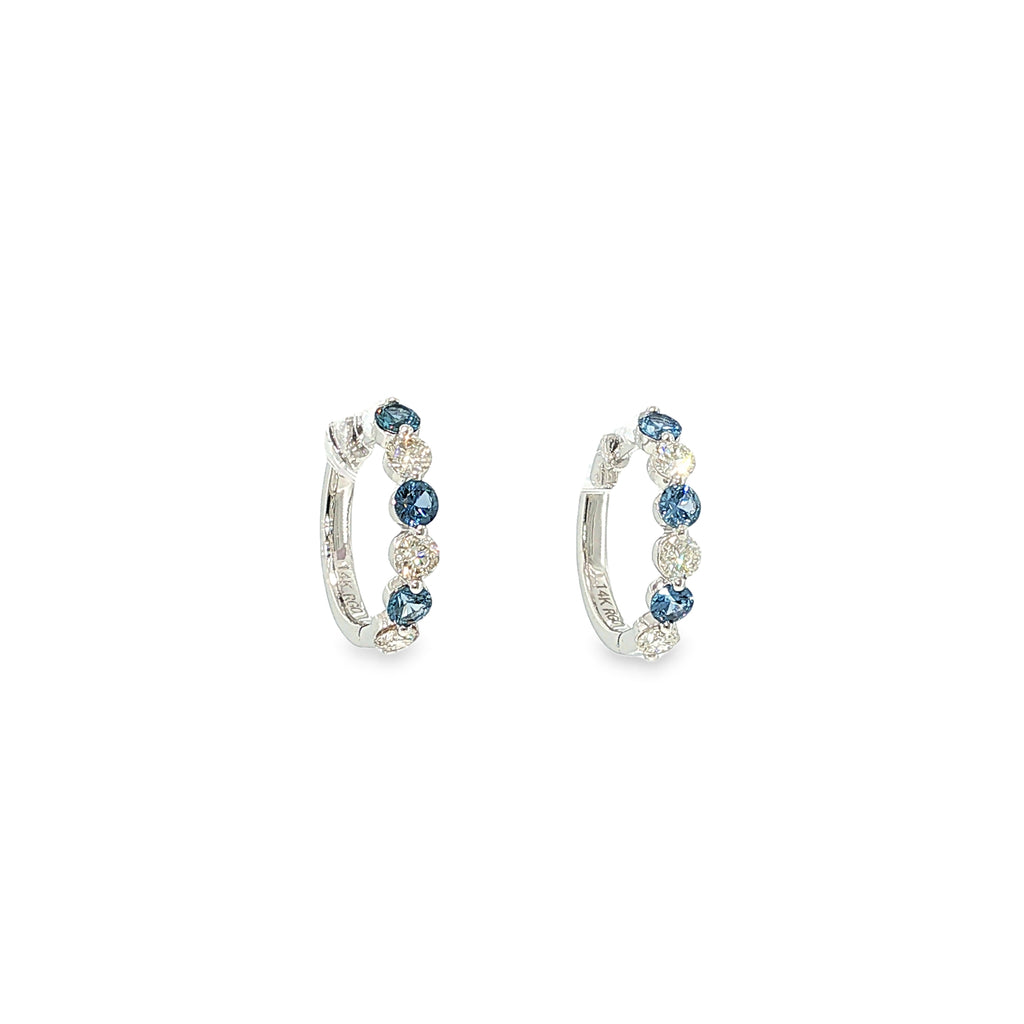 14K white gold hoop earrings with alternating Montana Yogo sapphires and round brilliant diamonds.