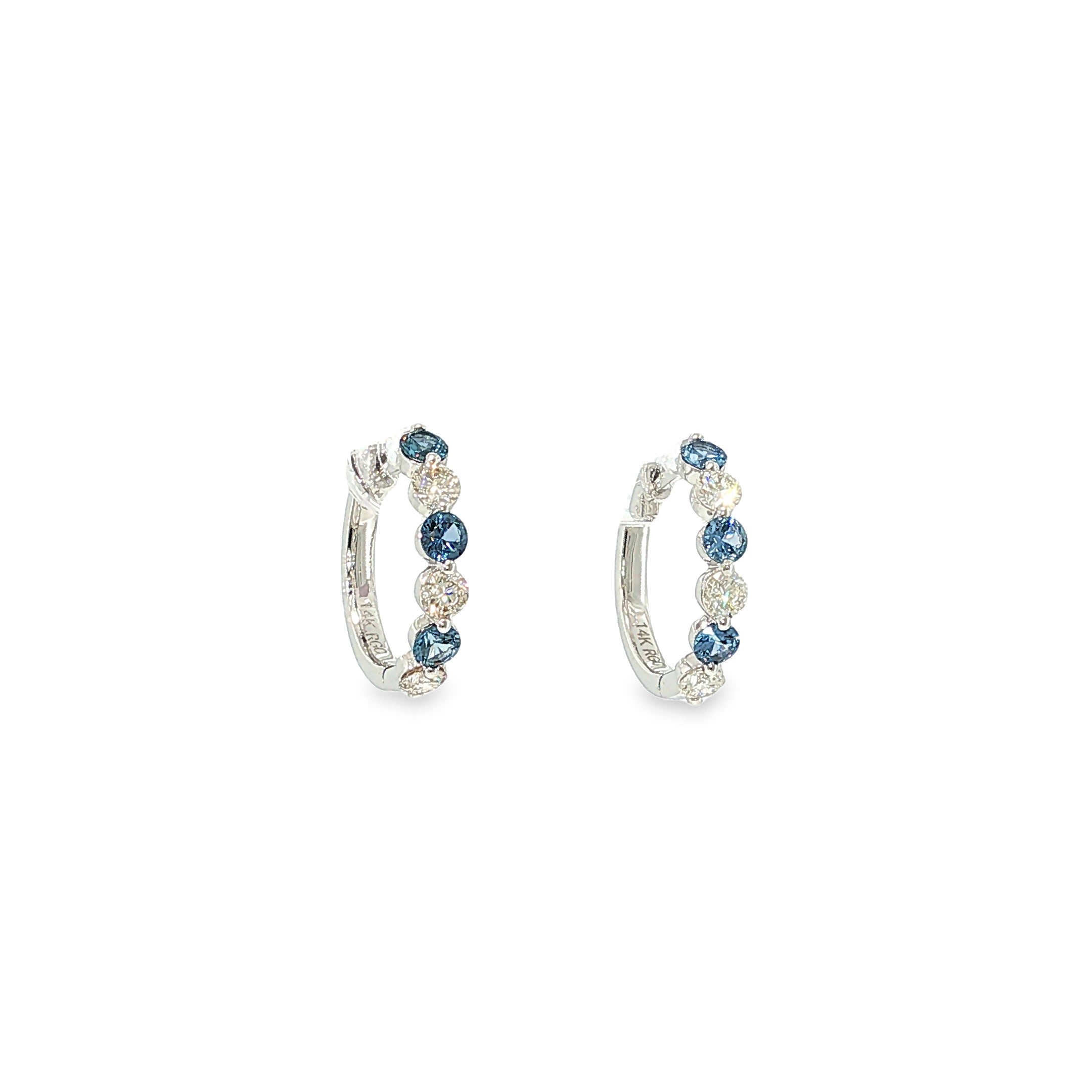 14K white gold hoop earrings with alternating Montana Yogo sapphires and round brilliant diamonds.