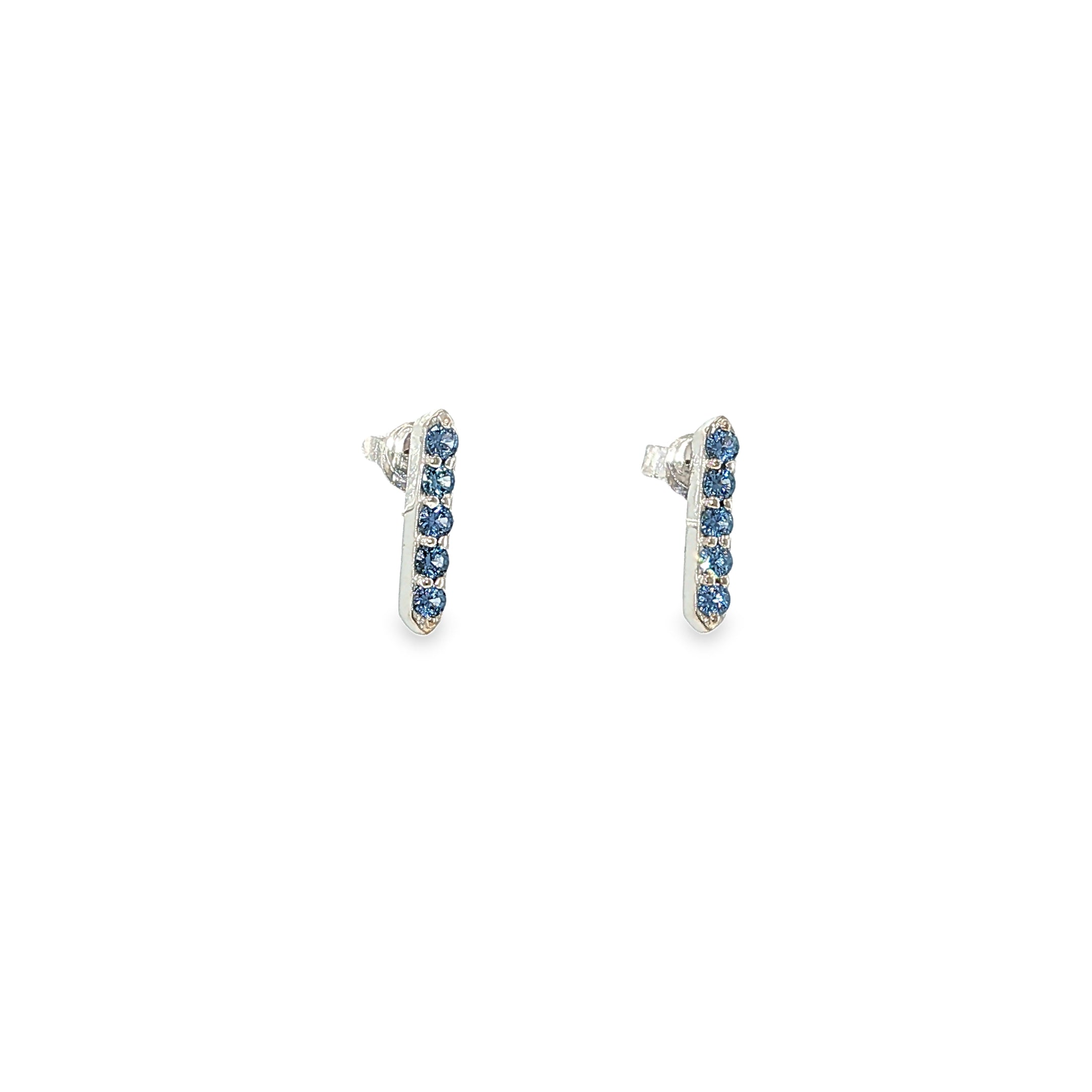 14K white gold vertical bar stud earrings set with rows of round Montana Yogo sapphires.