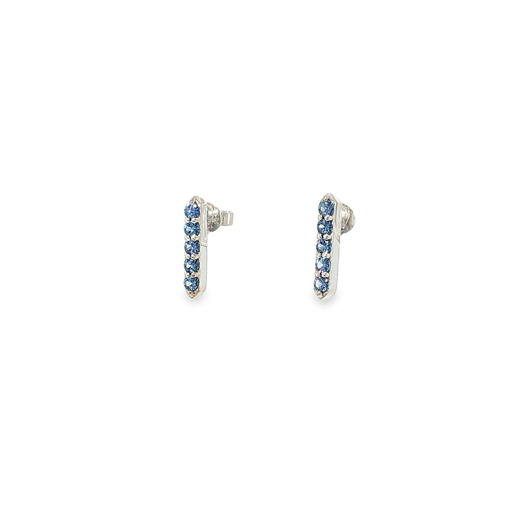 14K white gold vertical bar stud earrings set with rows of round Montana Yogo sapphires.