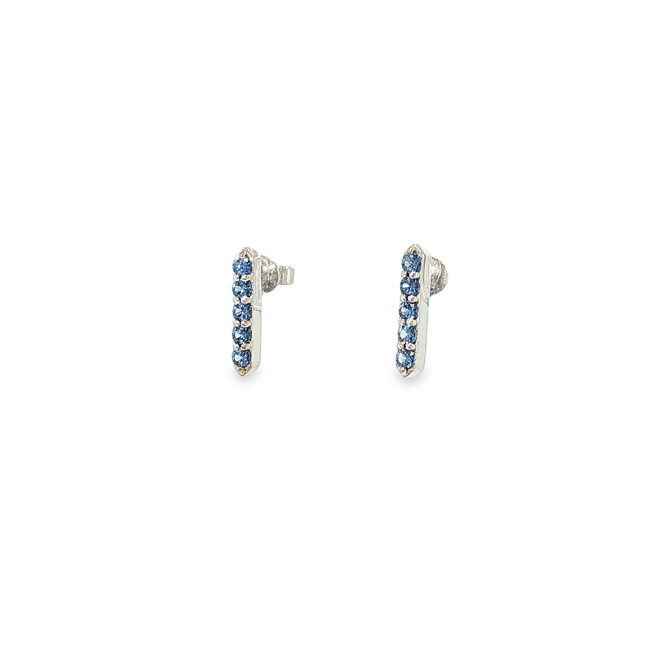 14K white gold vertical bar stud earrings set with rows of round Montana Yogo sapphires.