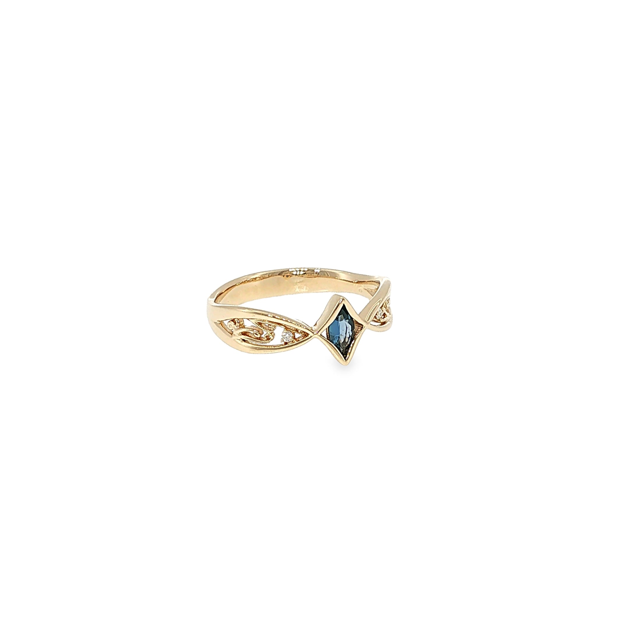 14K yellow gold split-shank ring with a marquise Montana Yogo sapphire, openwork detailing and a diamond accent.