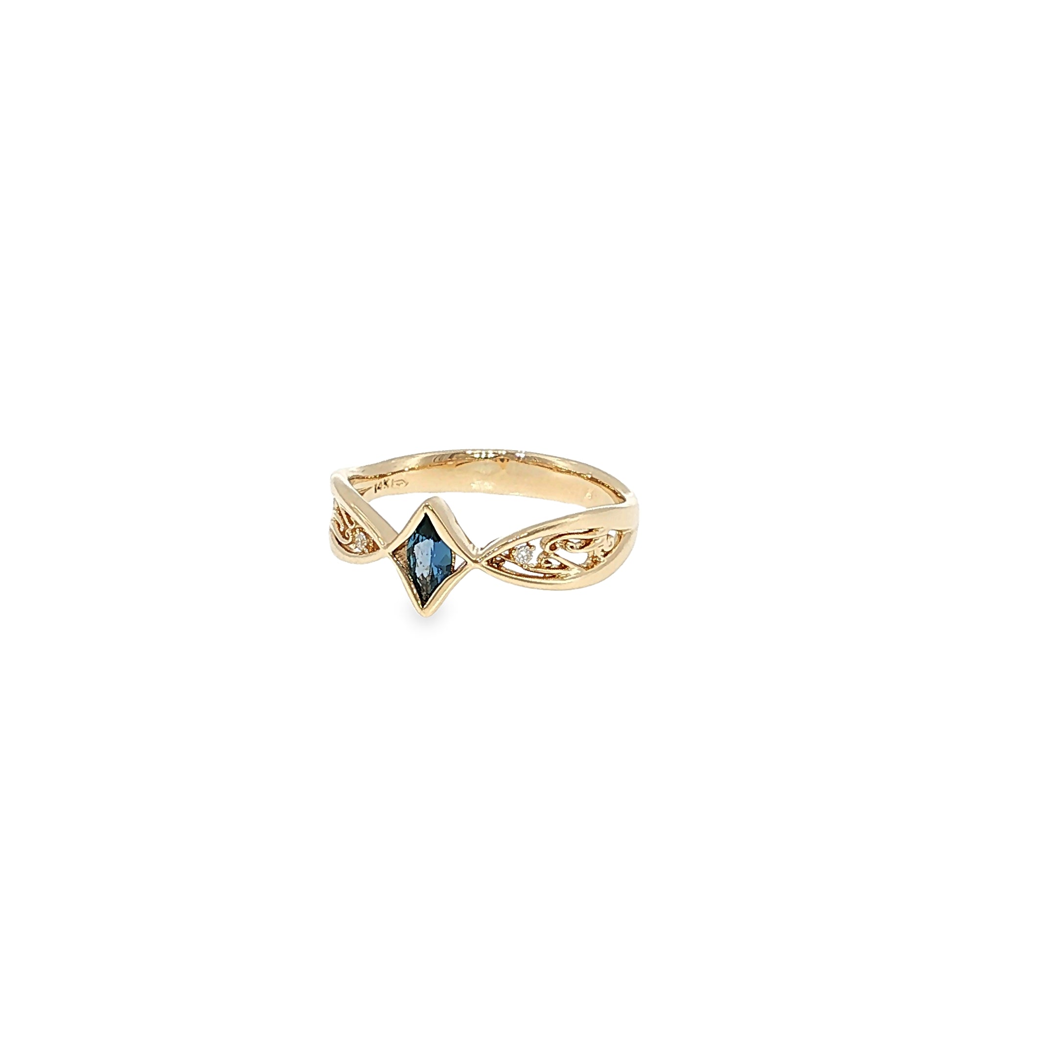 14K yellow gold split-shank ring with a marquise Montana Yogo sapphire, openwork detailing and a diamond accent.