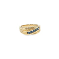 14K yellow gold men's ring with five channel-set round Montana Yogo sapphires and sculpted diagonal detailing.