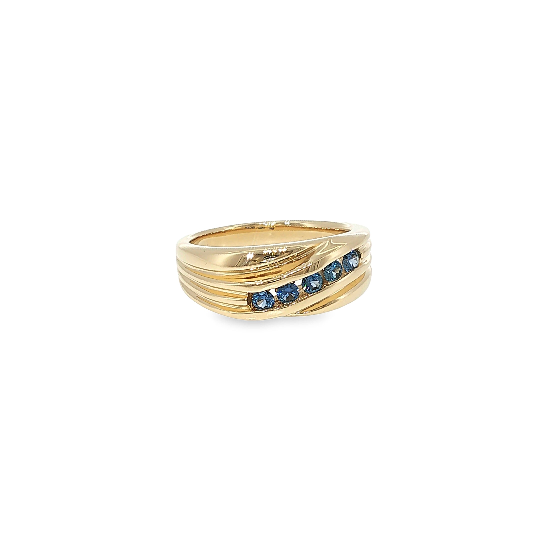 14K yellow gold men's ring with five channel-set round Montana Yogo sapphires and sculpted diagonal detailing.