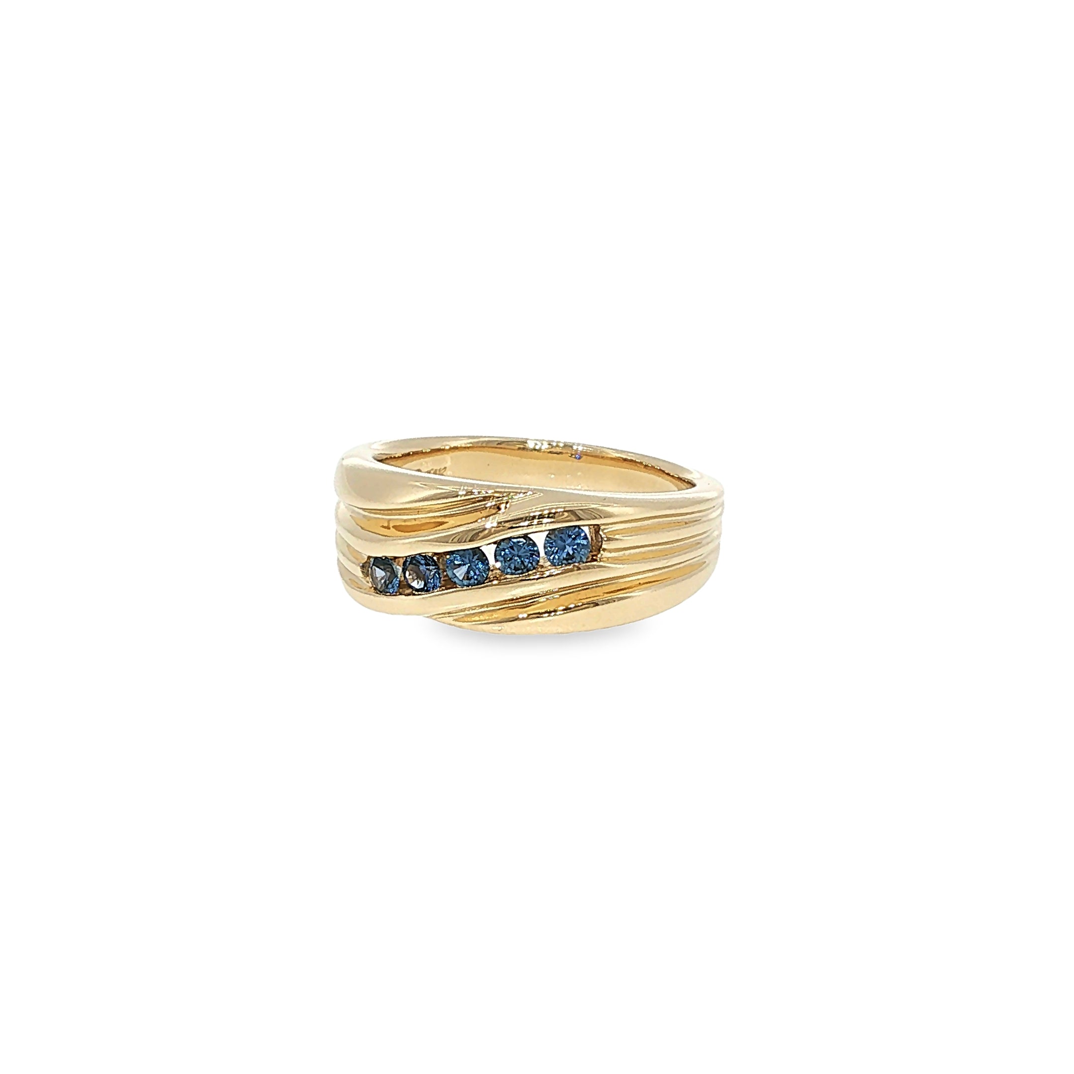14K yellow gold men's ring with five channel-set round Montana Yogo sapphires and sculpted diagonal detailing.