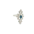 14K white gold ring with an oval Montana Yogo sapphire, diamond accents, milgrain and openwork detailing.