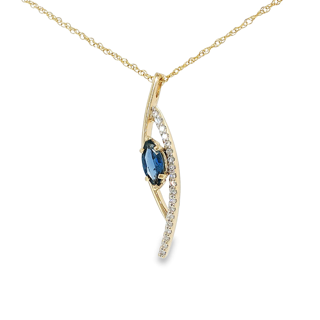 14K yellow gold curved necklace with a marquise Montana Yogo sapphire and flowing diamond accents.