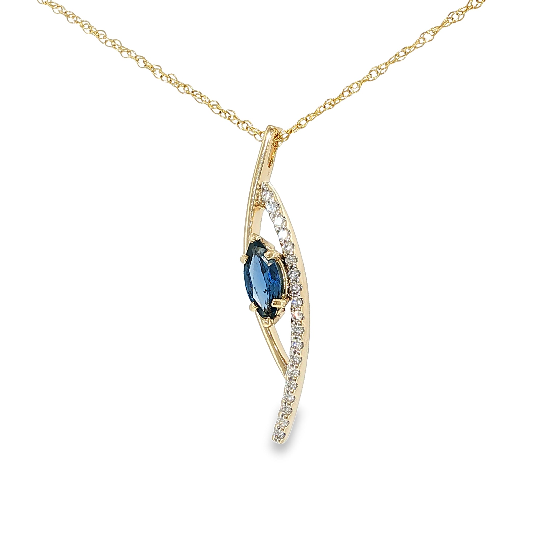 14K yellow gold curved necklace with a marquise Montana Yogo sapphire and flowing diamond accents.