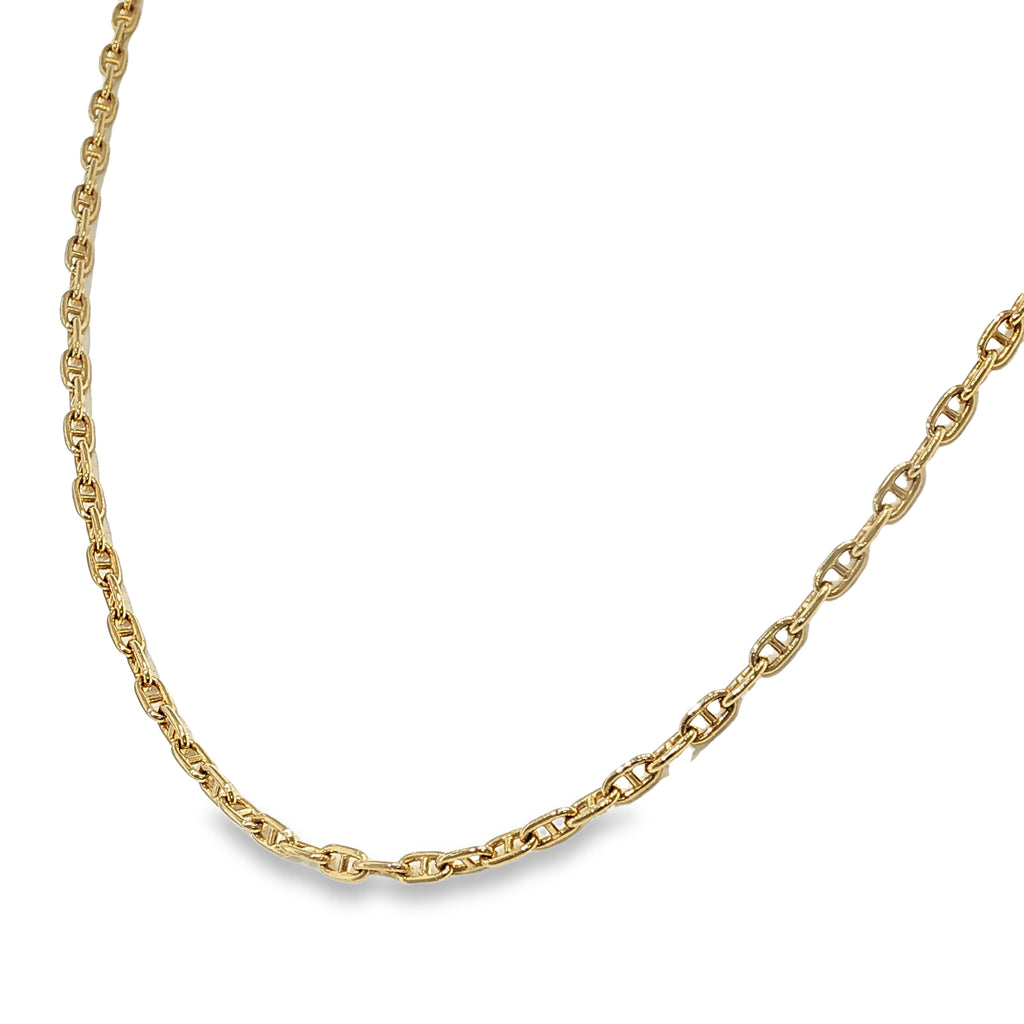 14K yellow gold mariner link chain necklace with polished nautical-style links, shown angled to the right.