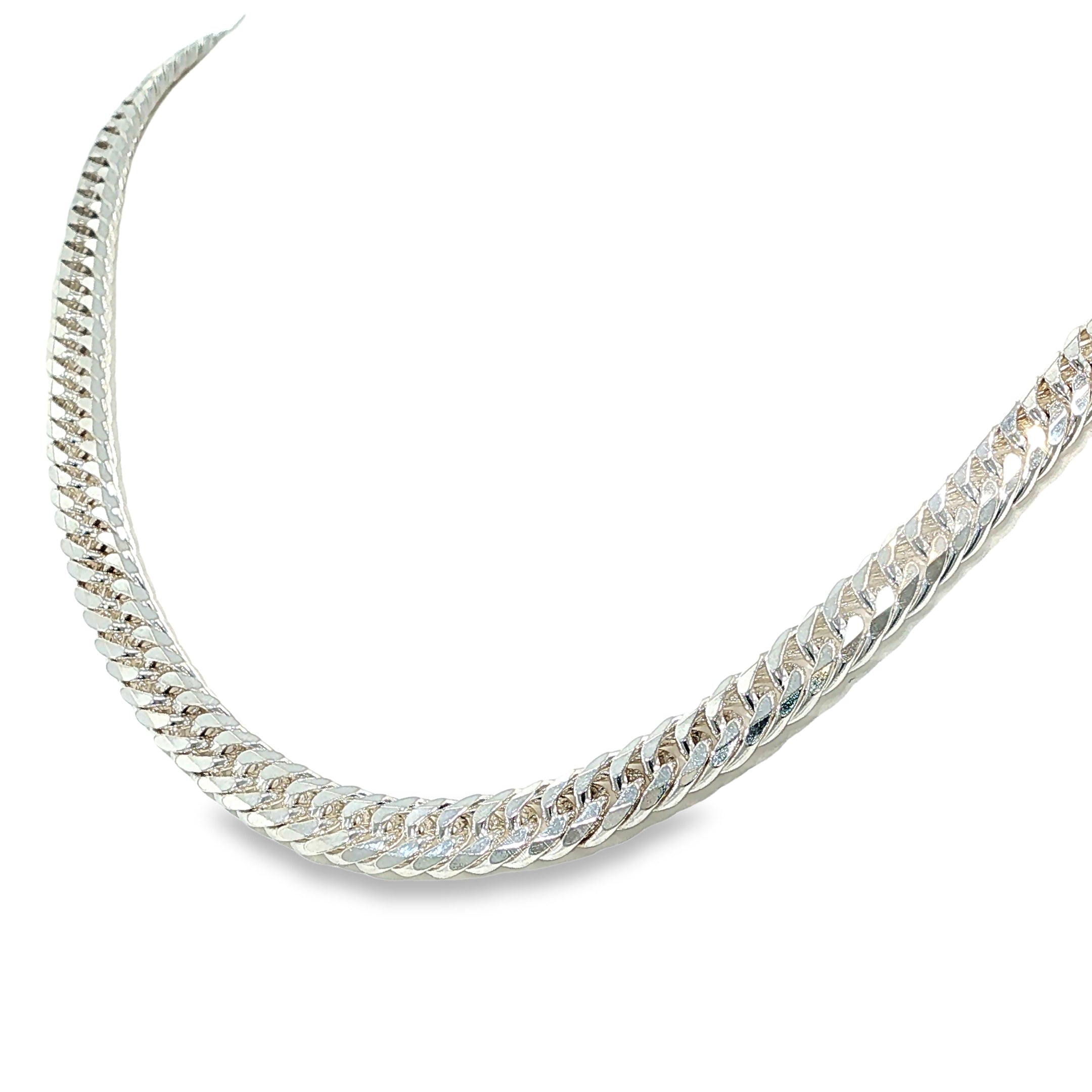 Sterling silver curb chain necklace with double diamond-cut detailing, shown angled to the left.