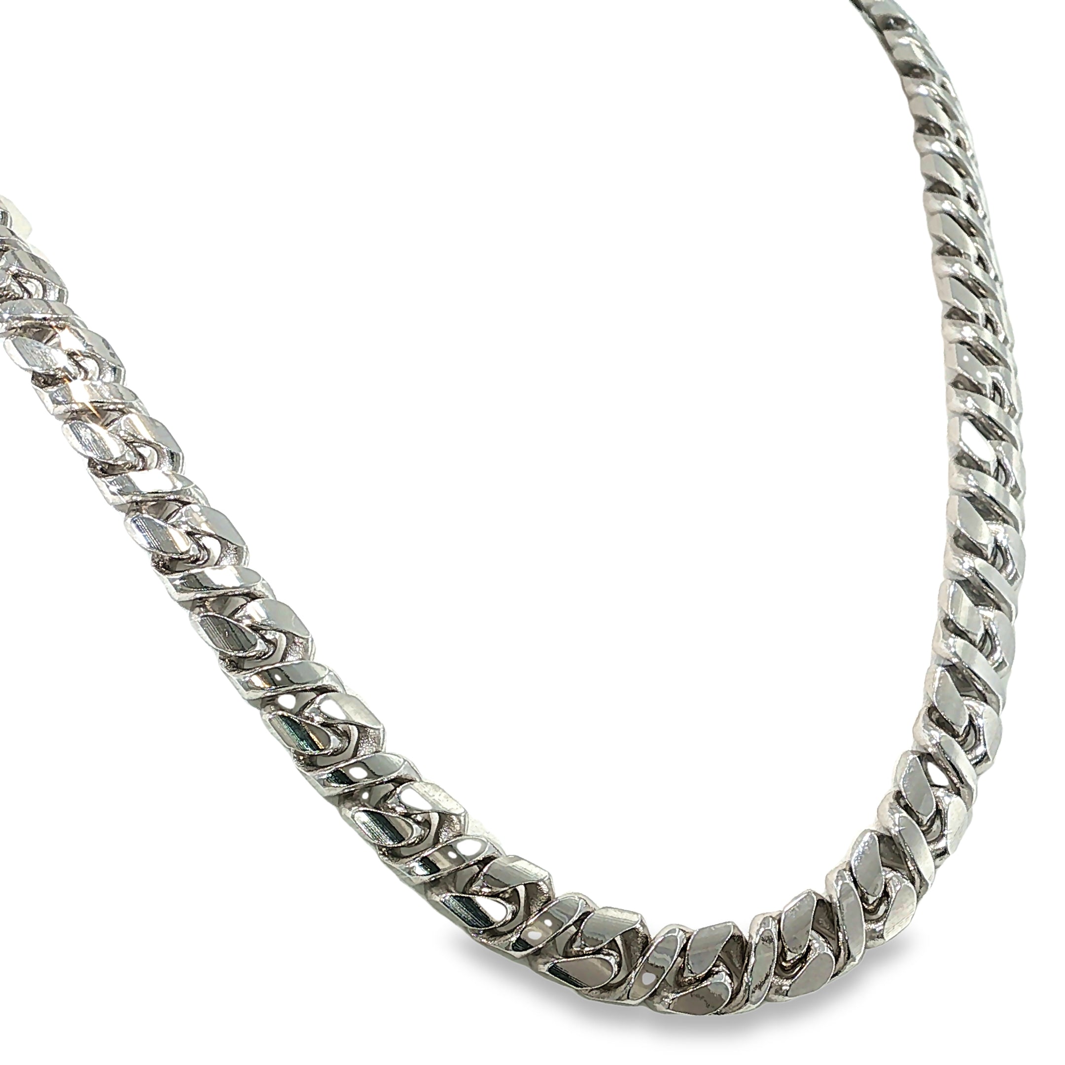 Sterling silver curb chain necklace with diamond-cut detailing and broad polished links, shown angled to the right.