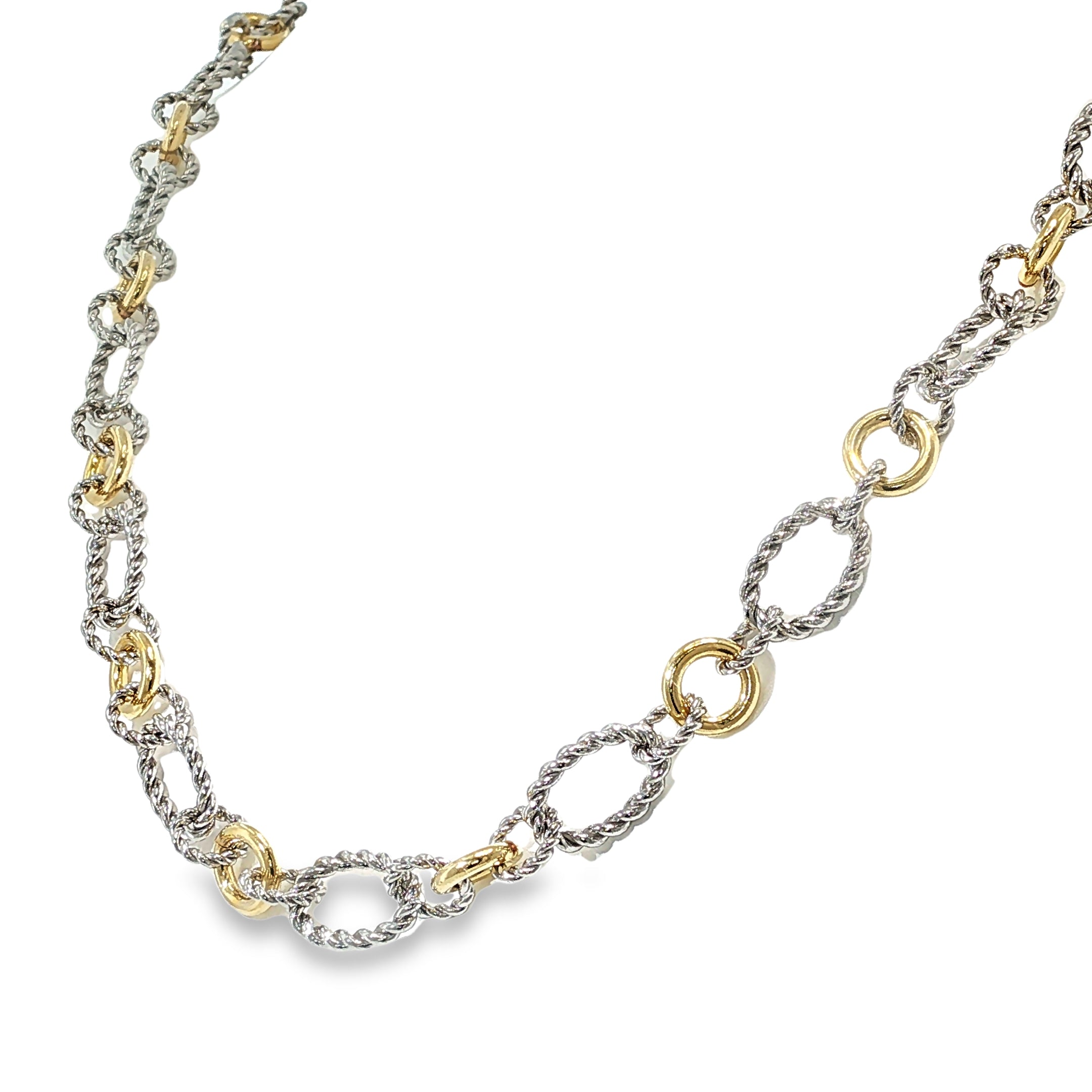 Sterling silver and 18K yellow gold necklace with alternating twisted and polished multi-shape links, shown angled to the left.
