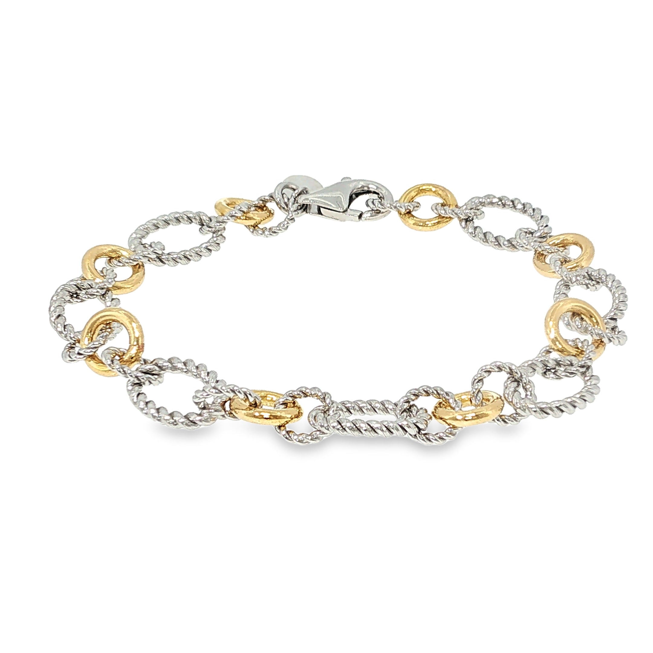 Sterling silver and 18K yellow gold bracelet with twisted and polished multi-shape links, shown angled to the left.