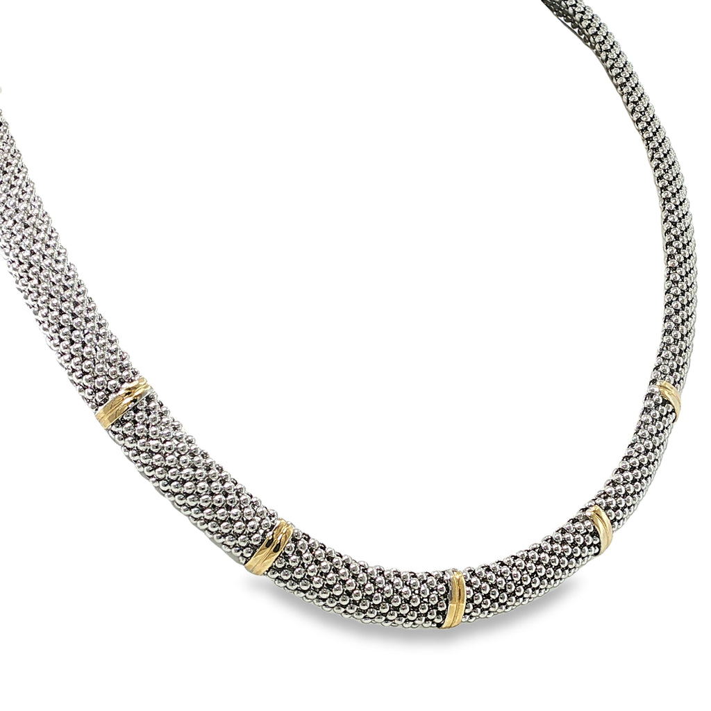 Sterling silver popcorn link collar necklace with polished 18K yellow gold accents.