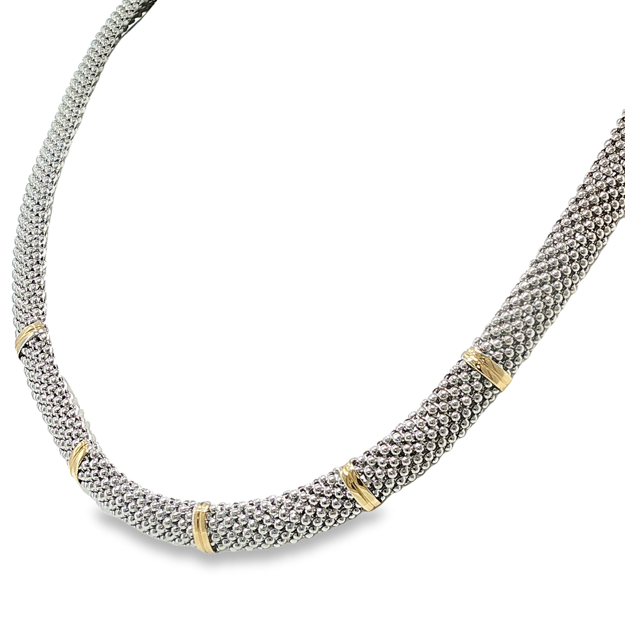 Sterling silver popcorn link collar necklace with polished 18K yellow gold accents.