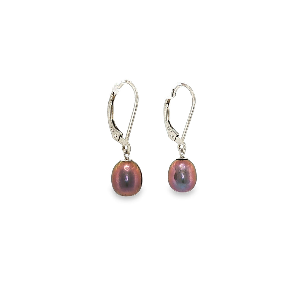 Sterling silver leverback drop earrings with black freshwater cultured pearls.