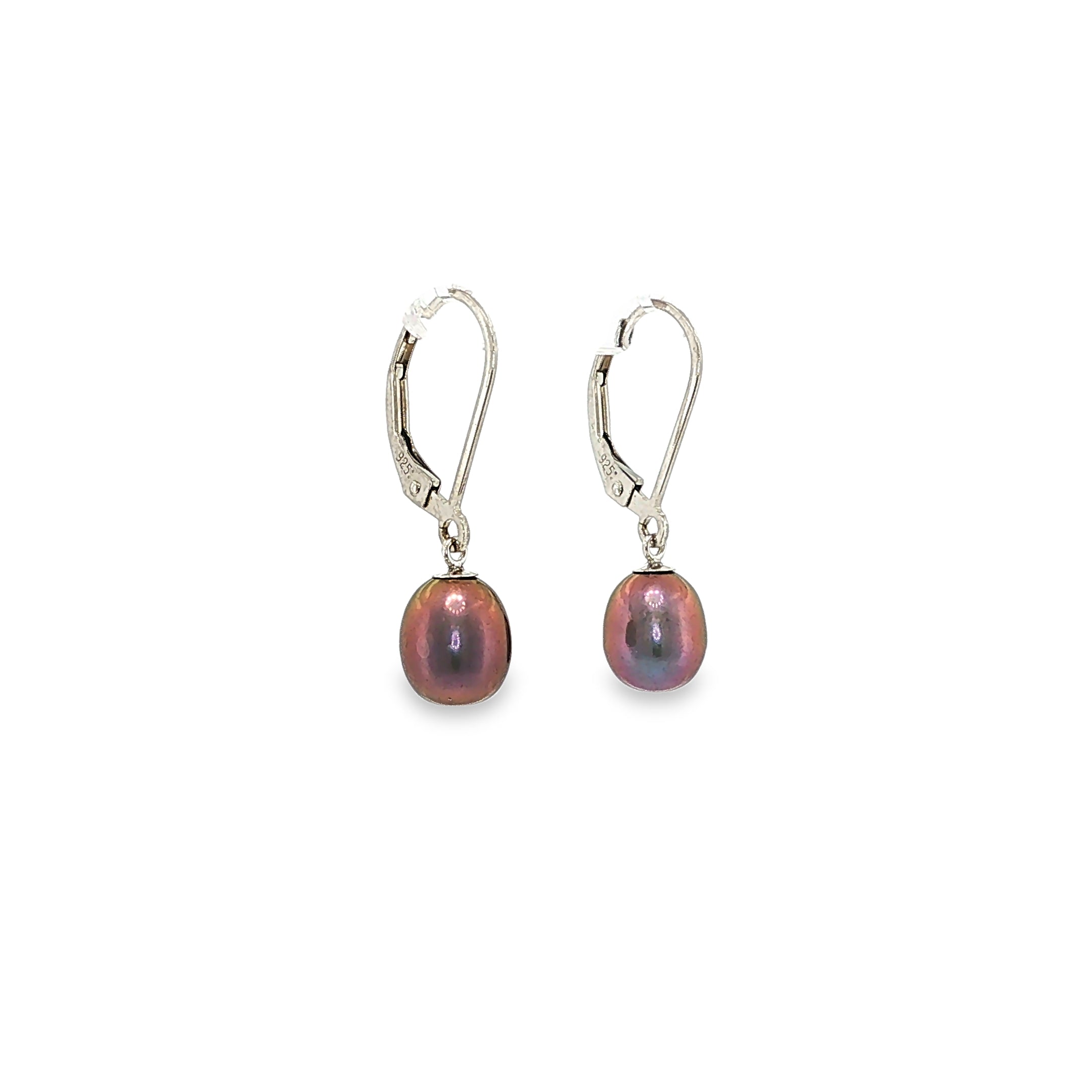 Sterling silver leverback drop earrings with black freshwater cultured pearls.