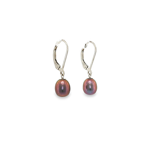 Sterling silver leverback drop earrings with black freshwater cultured pearls.