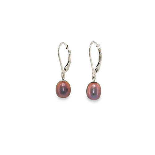 Sterling silver leverback drop earrings with black freshwater cultured pearls.