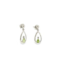 Sterling silver dangle earrings with pear-shaped green peridots suspended in open teardrop frames with diamond accents.