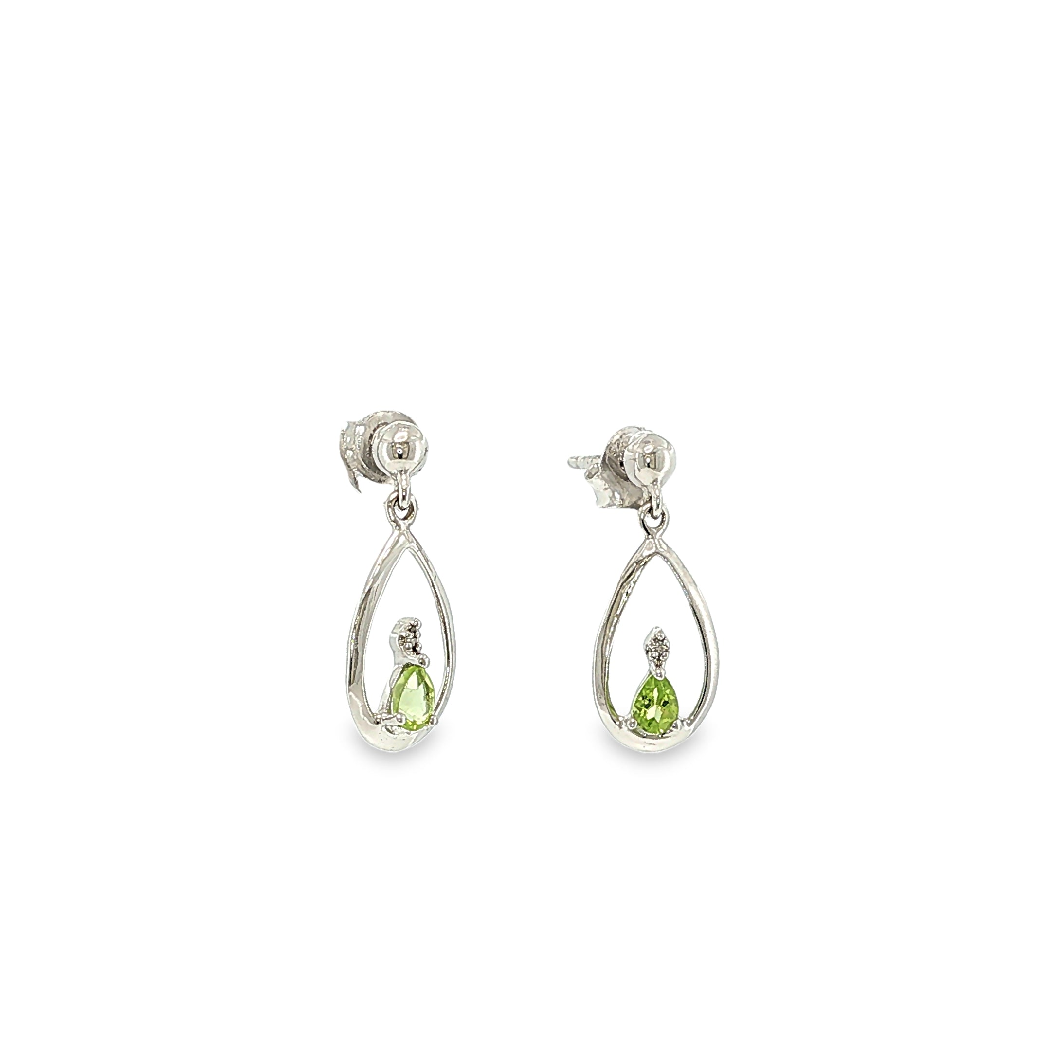 Sterling silver dangle earrings with pear-shaped green peridots suspended in open teardrop frames with diamond accents.