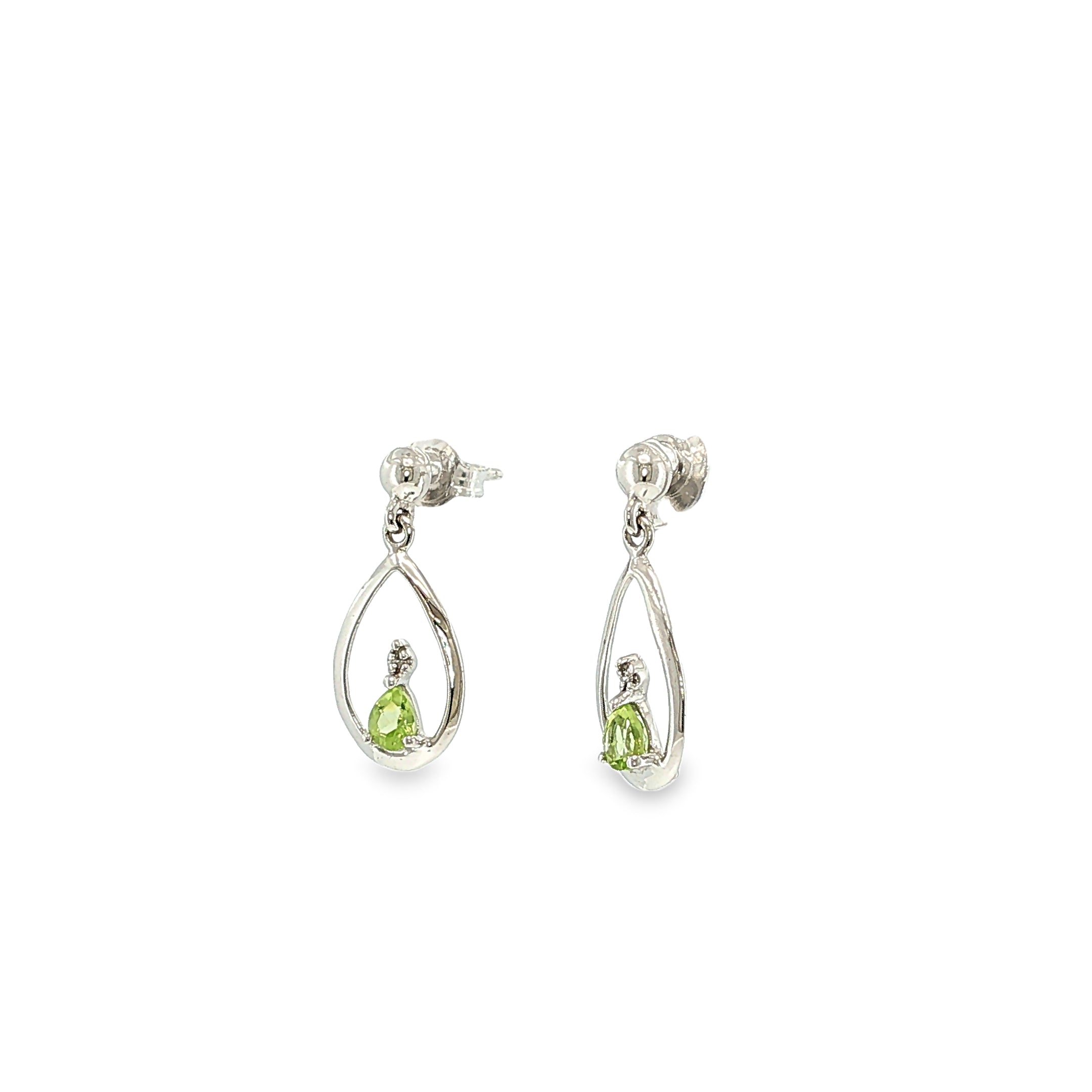 Sterling silver dangle earrings with pear-shaped green peridots suspended in open teardrop frames with diamond accents.