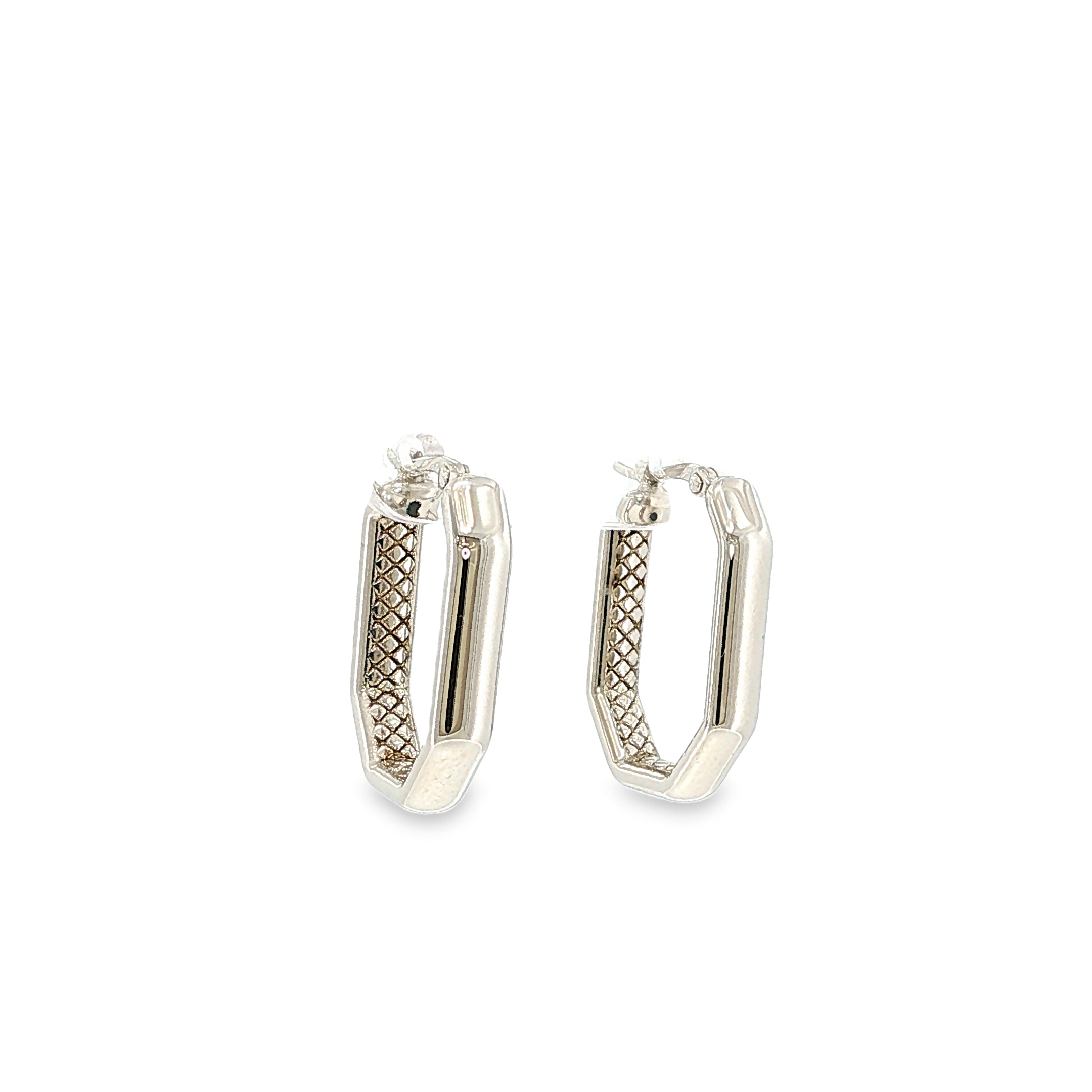Sterling silver octagonal hoop earrings with polished exteriors and textured interior detailing.