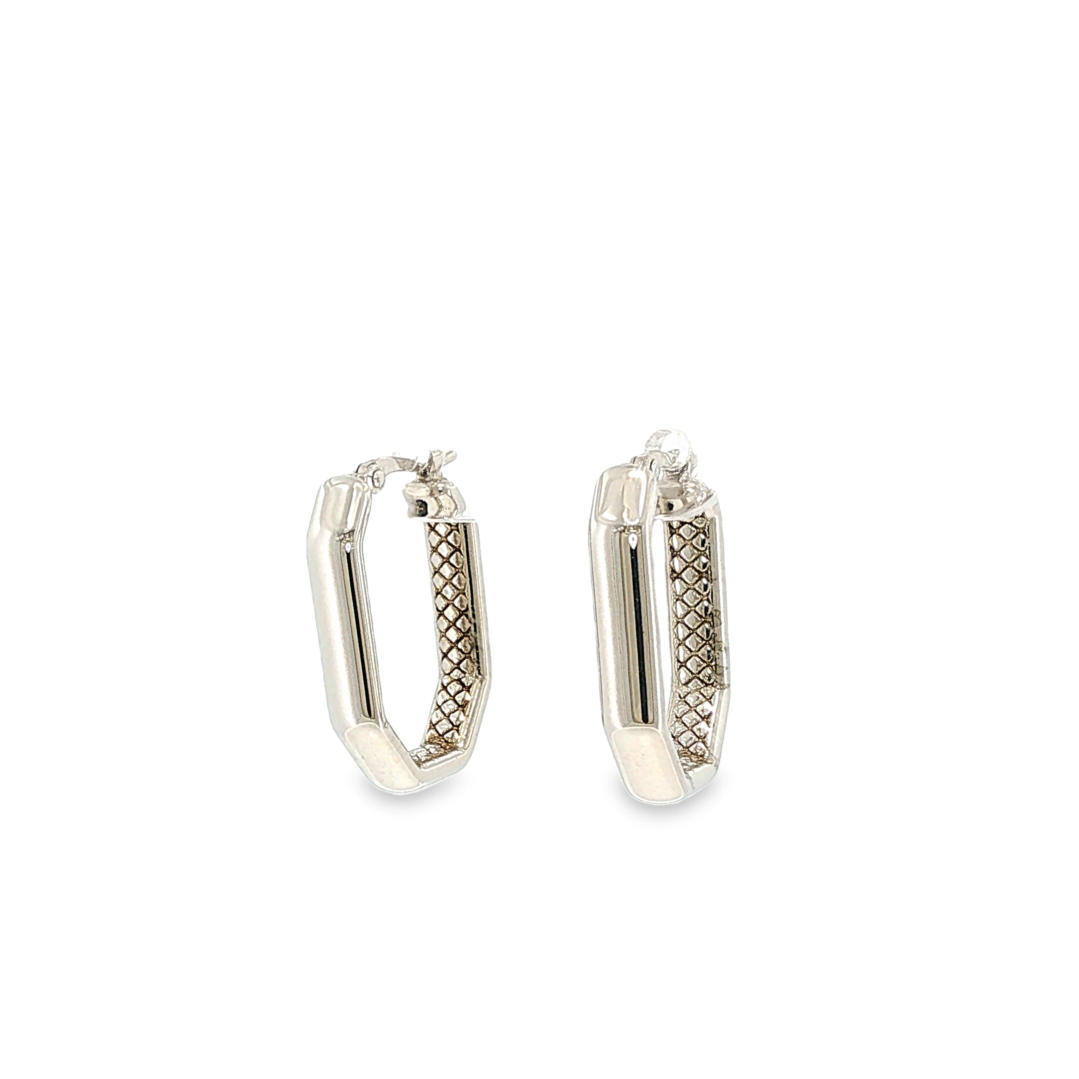 Sterling silver octagonal hoop earrings with polished exteriors and textured interior detailing.