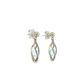 Sterling silver drop earrings with marquise blue topaz gemstones suspended inside open-cage designs.