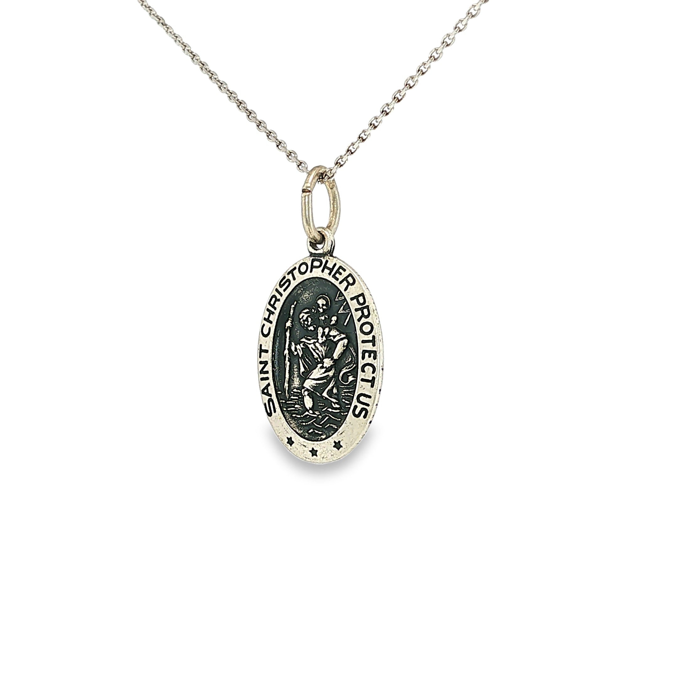 Sterling silver oval Saint Christopher medal pendant with raised religious detailing.