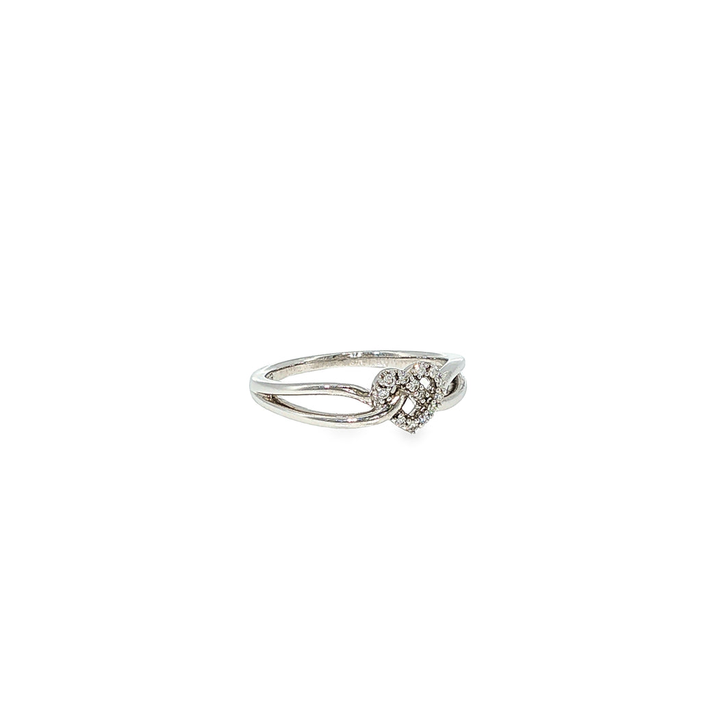 Sterling silver ring featuring a heart and lock motif accented with diamonds.