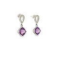 14K white gold amethyst and diamond drop earrings with two faceted purple amethysts and diamond-accented tops.