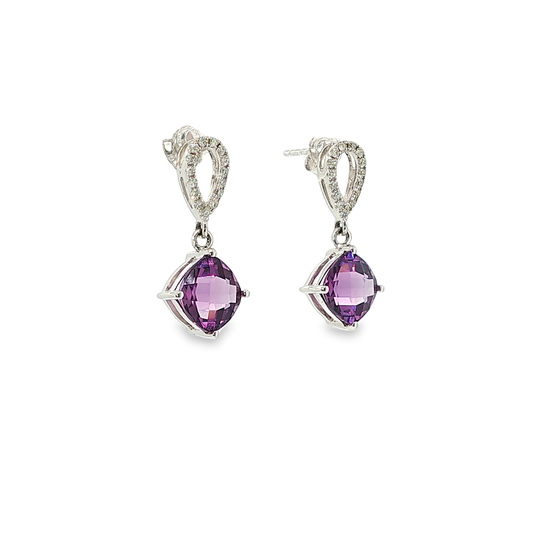 14K white gold amethyst and diamond drop earrings with two faceted purple amethysts and diamond-accented tops.