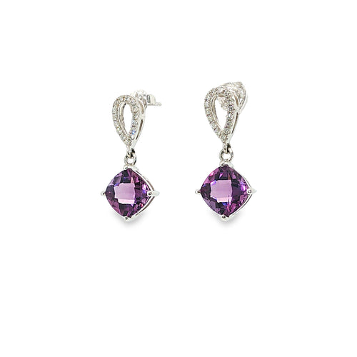 14K white gold amethyst and diamond drop earrings with two faceted purple amethysts and diamond-accented tops.