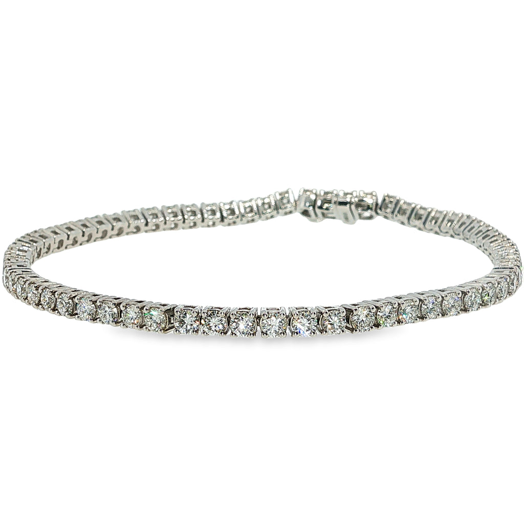 14K white gold lab-grown diamond tennis bracelet with 4.00 carats total weight of round diamonds.