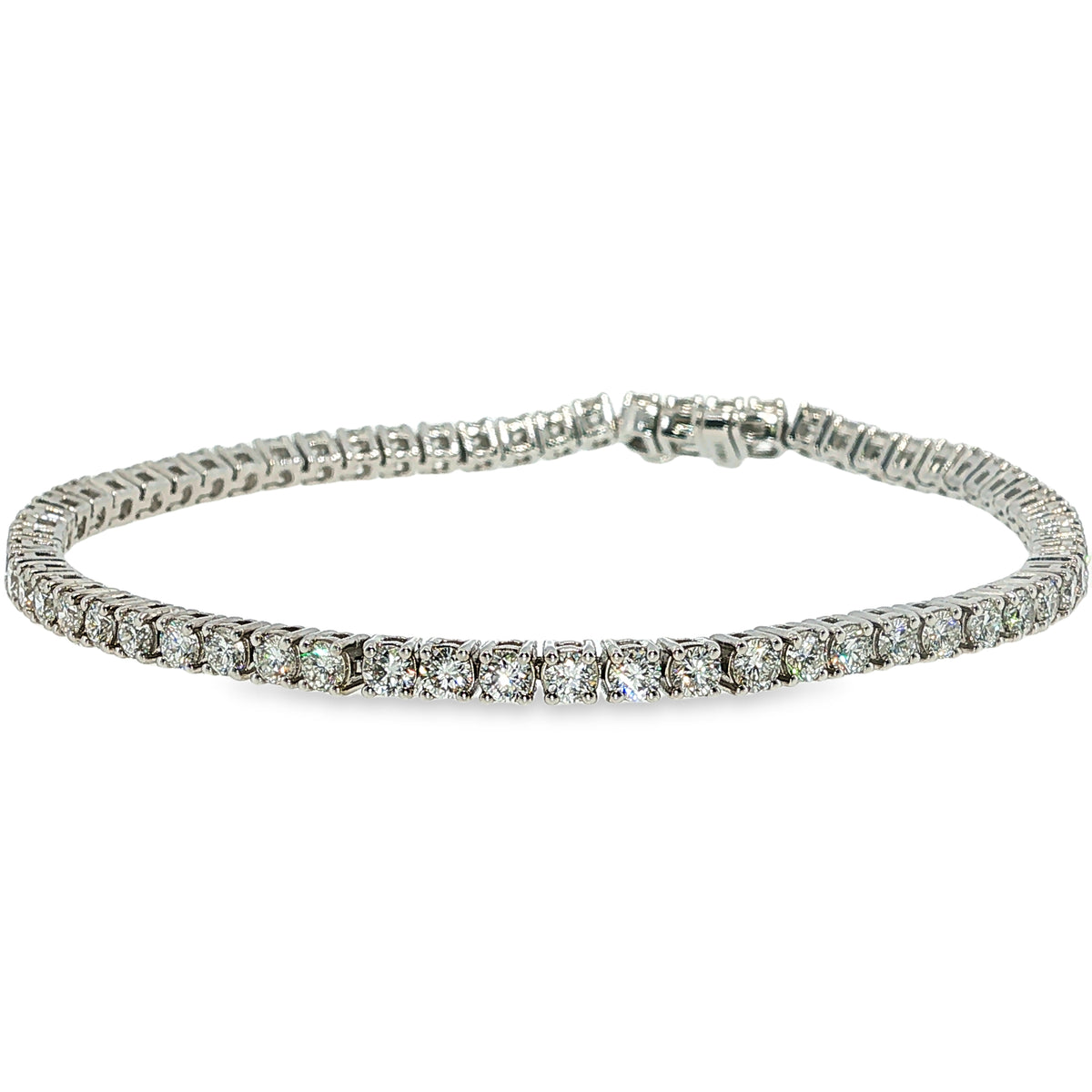 14K white gold lab-grown diamond tennis bracelet with 4.00 carats total weight of round diamonds.