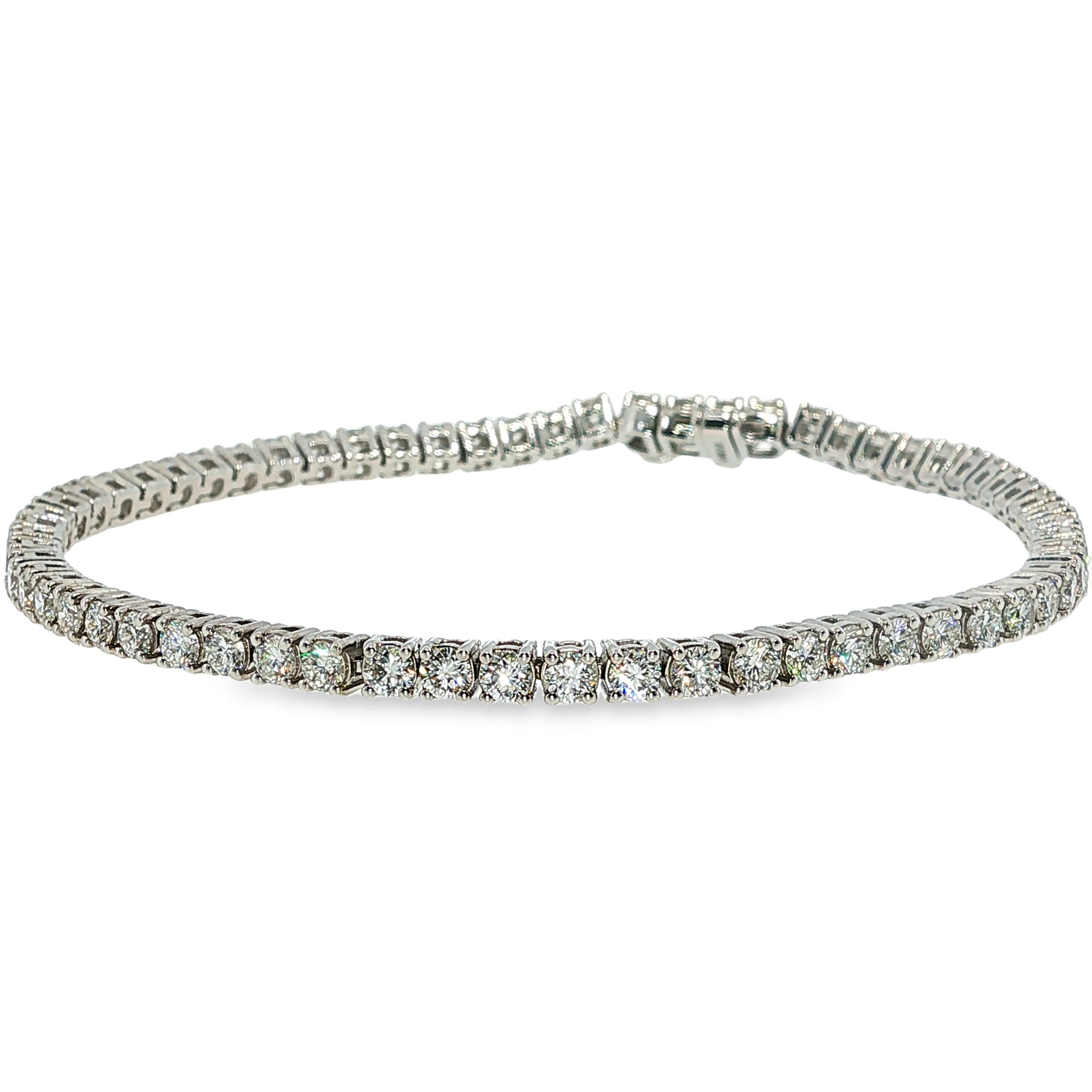 14K white gold lab-grown diamond tennis bracelet with 4.00 carats total weight of round diamonds.