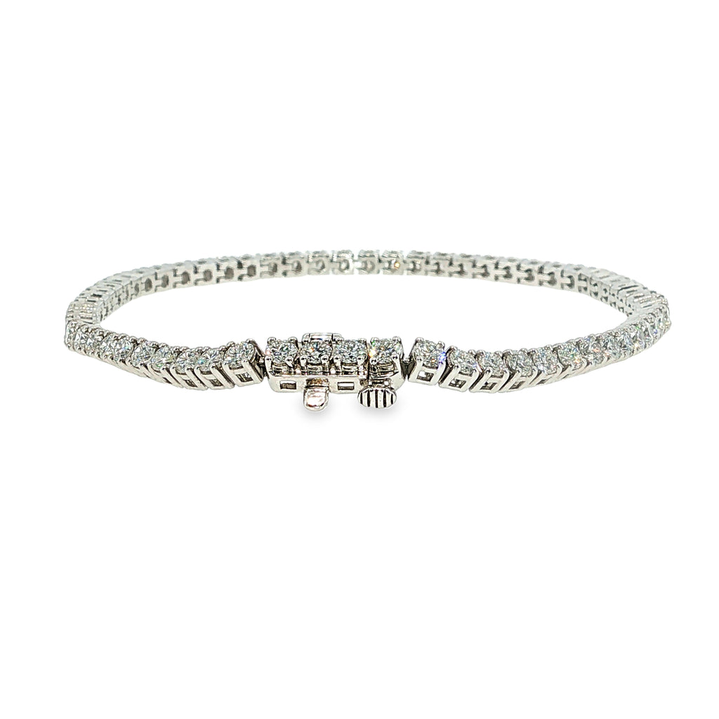 14K white gold lab-grown diamond tennis bracelet with 4.00 carats total weight of round diamonds.
