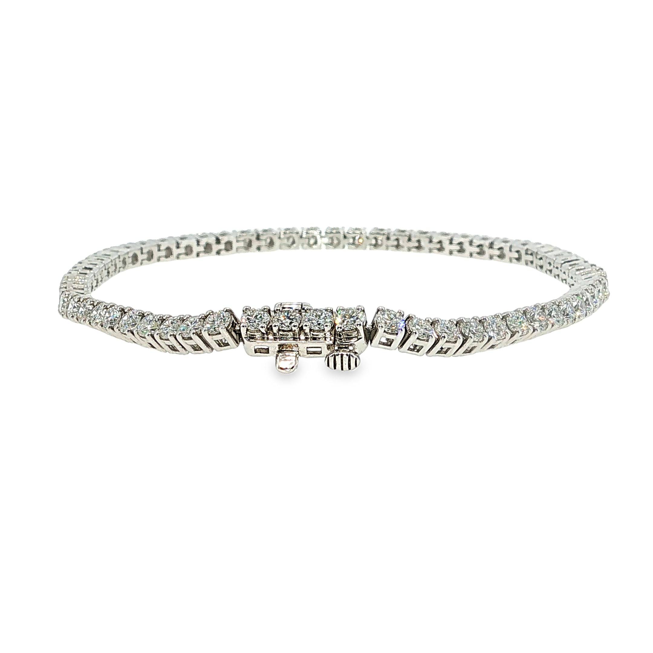 14K white gold lab-grown diamond tennis bracelet with 4.00 carats total weight of round diamonds.