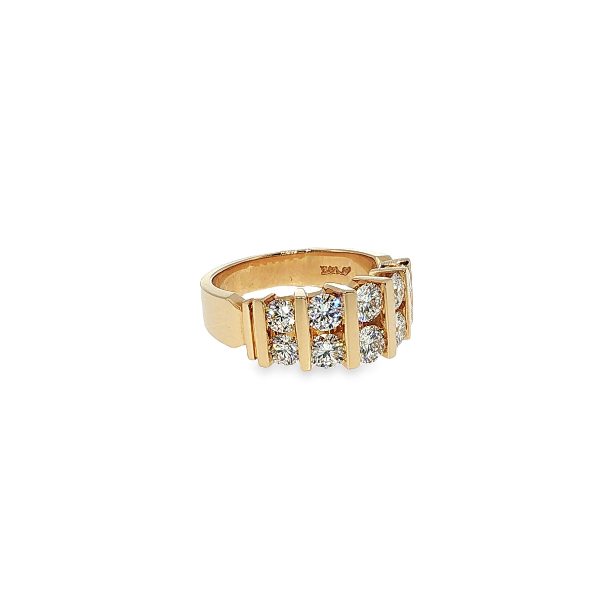 Two-row yellow gold diamond band with 10 round brilliant diamonds and vertical gold bar detailing.
