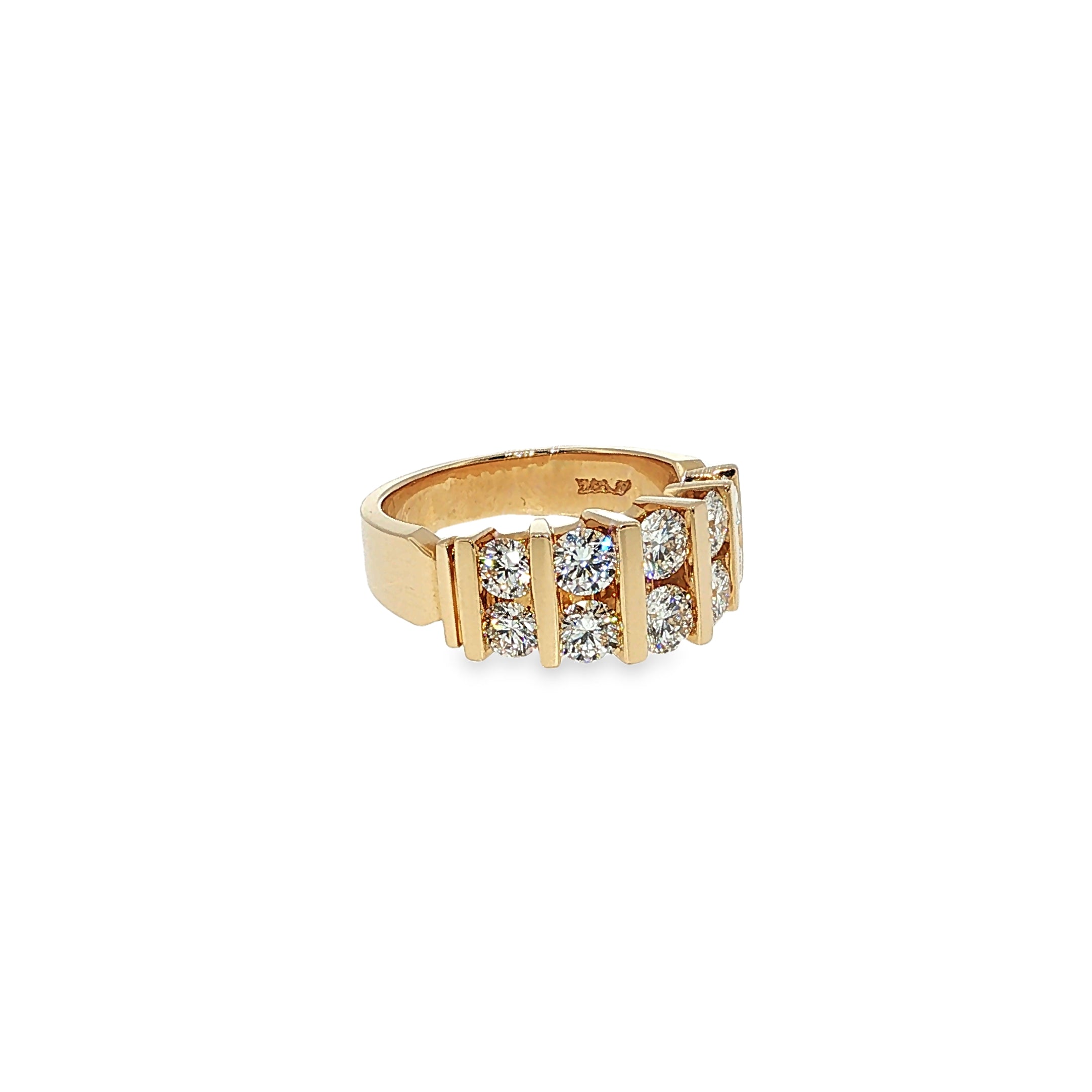 Two-row yellow gold diamond band with 10 round brilliant diamonds and vertical gold bar detailing.