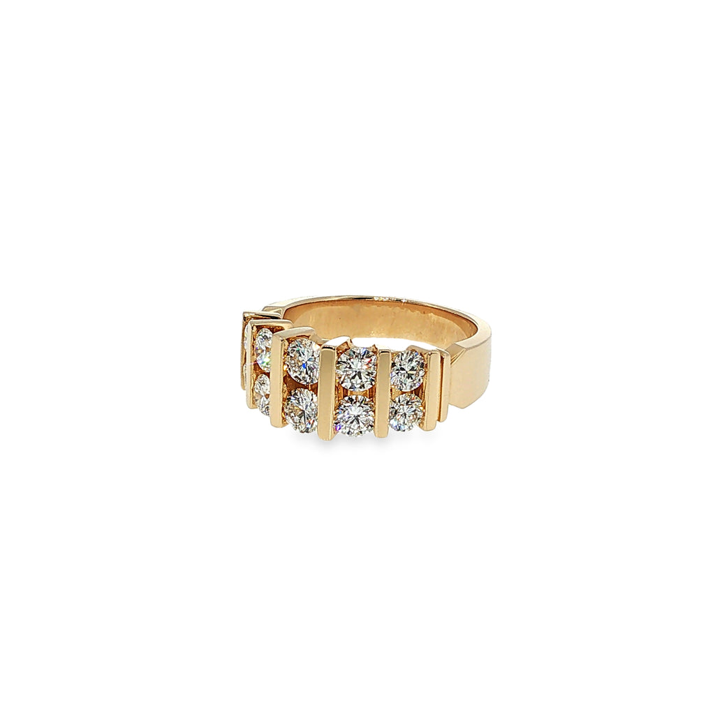 Two-row yellow gold diamond band with 10 round brilliant diamonds and vertical gold bar detailing.